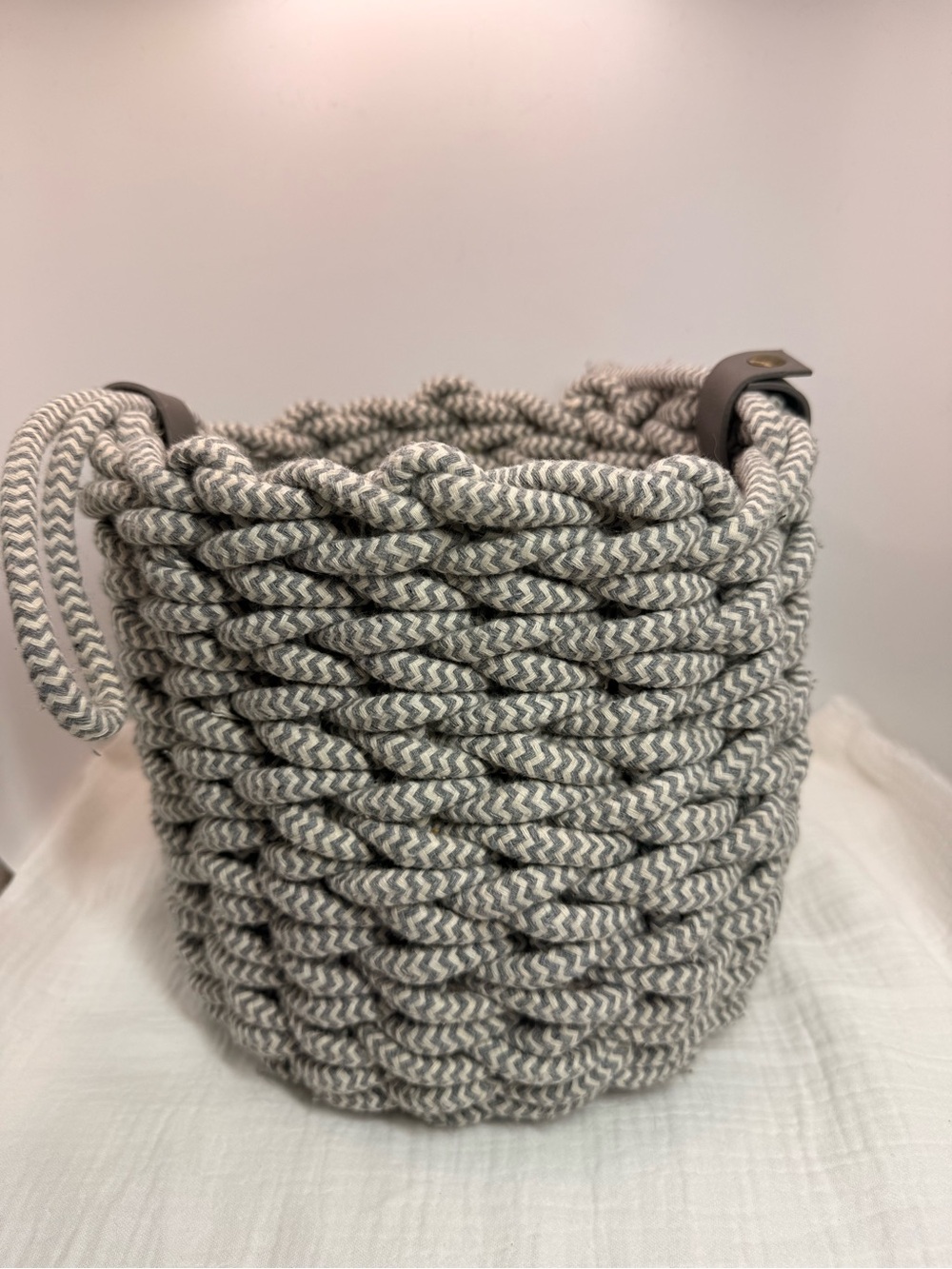 Project 62 Accent Gray Coiled Rope Fishtail Weave Basket W/Faux Leather Snap 8x9